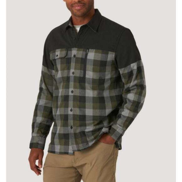 NWT Wrangler ATG Flannel Button-Up Shirt Green & Navy Plaid Size Large – Outdoor - Picture 1 of 7